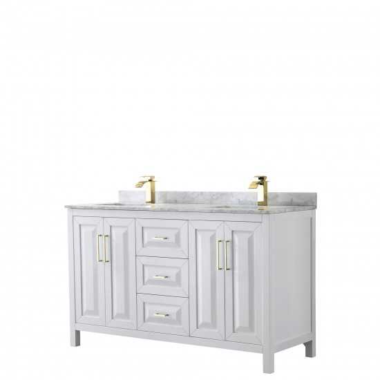 60 Inch Double Bathroom Vanity in White, White Carrara Marble Countertop, Sinks, Gold Trim