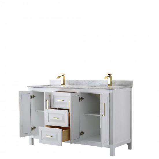 60 Inch Double Bathroom Vanity in White, White Carrara Marble Countertop, Sinks, Gold Trim