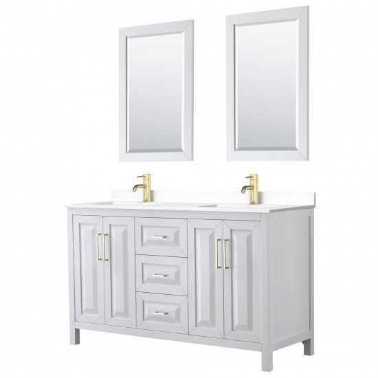 60 Inch Double Bathroom Vanity in White, White Cultured Marble Countertop, Sinks, 24 Inch Mirrors, Gold Trim