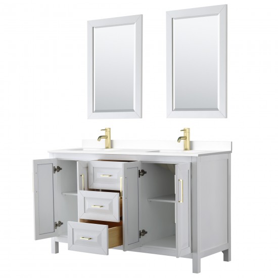 60 Inch Double Bathroom Vanity in White, White Cultured Marble Countertop, Sinks, 24 Inch Mirrors, Gold Trim