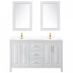 60 Inch Double Bathroom Vanity in White, White Cultured Marble Countertop, Sinks, 24 Inch Mirrors, Gold Trim