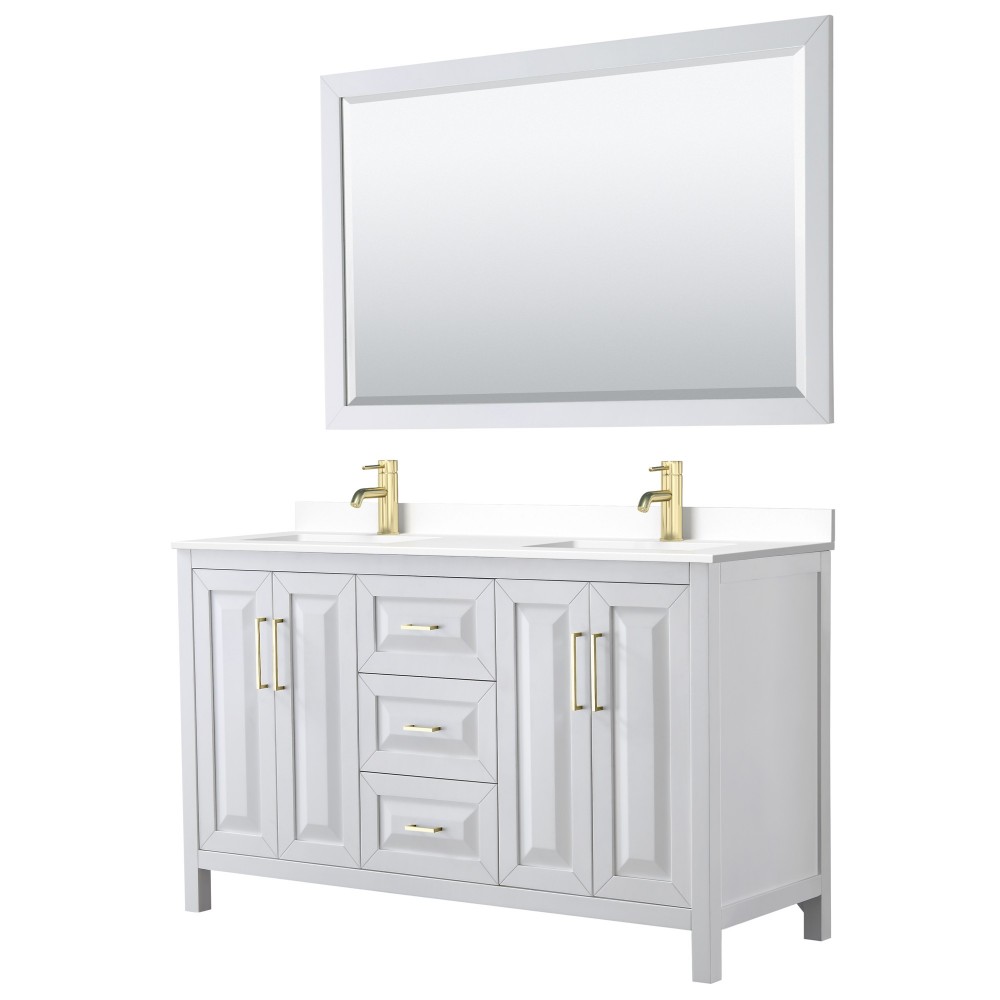 60 Inch Double Bathroom Vanity in White, White Cultured Marble Countertop, Sinks, 58 Inch Mirror, Gold Trim