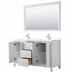 60 Inch Double Bathroom Vanity in White, White Cultured Marble Countertop, Sinks, 58 Inch Mirror, Gold Trim