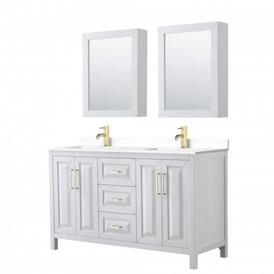 60 Inch Double Bathroom Vanity in White, White Cultured Marble Countertop, Sinks, Medicine Cabinets, Gold Trim