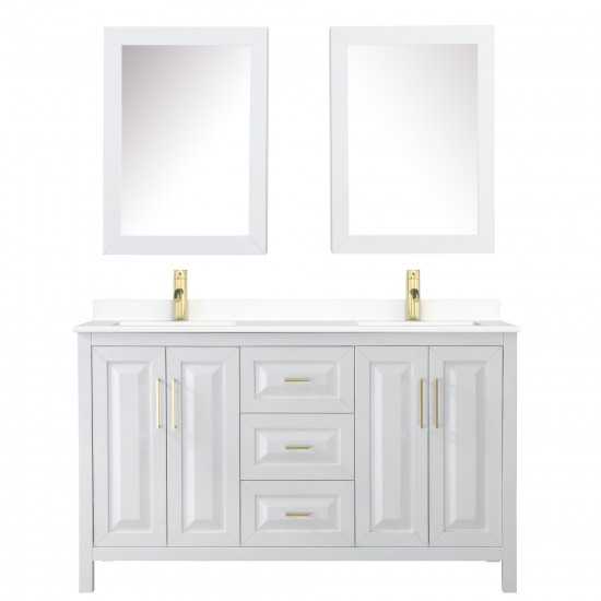 60 Inch Double Bathroom Vanity in White, White Cultured Marble Countertop, Sinks, Medicine Cabinets, Gold Trim