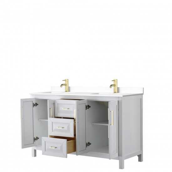 60 Inch Double Bathroom Vanity in White, White Cultured Marble Countertop, Sinks, Gold Trim