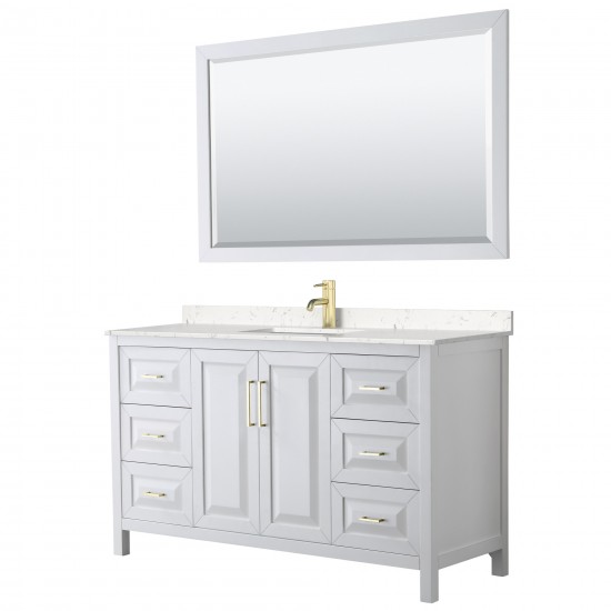 60 Inch Single Bathroom Vanity in White, Light-Vein Carrara Cultured Marble Countertop, Sink, 58 Inch Mirror, Gold Trim