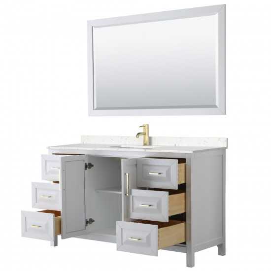 60 Inch Single Bathroom Vanity in White, Light-Vein Carrara Cultured Marble Countertop, Sink, 58 Inch Mirror, Gold Trim