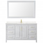 60 Inch Single Bathroom Vanity in White, Light-Vein Carrara Cultured Marble Countertop, Sink, 58 Inch Mirror, Gold Trim