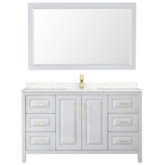 60 Inch Single Bathroom Vanity in White, Light-Vein Carrara Cultured Marble Countertop, Sink, 58 Inch Mirror, Gold Trim