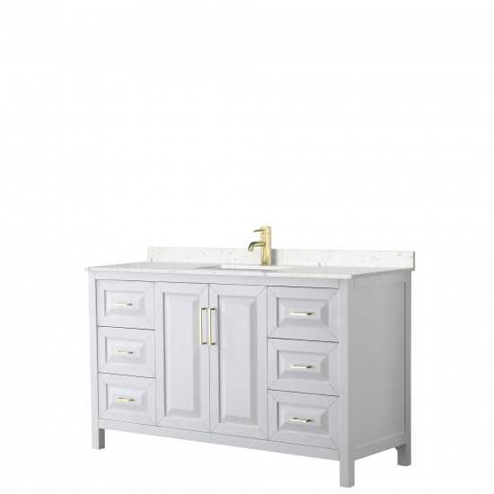 60 Inch Single Bathroom Vanity in White, Light-Vein Carrara Cultured Marble Countertop, Sink, Gold Trim