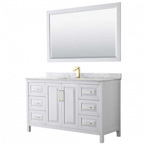 60 Inch Single Bathroom Vanity in White, White Carrara Marble Countertop, Sink, 58 Inch Mirror, Gold Trim