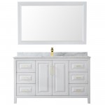 60 Inch Single Bathroom Vanity in White, White Carrara Marble Countertop, Sink, 58 Inch Mirror, Gold Trim
