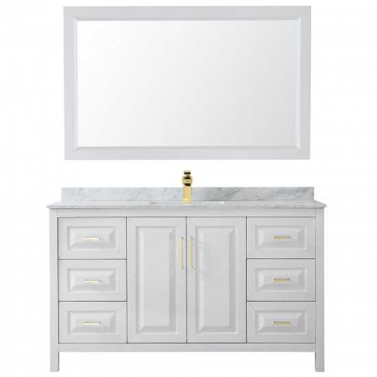 60 Inch Single Bathroom Vanity in White, White Carrara Marble Countertop, Sink, 58 Inch Mirror, Gold Trim