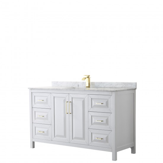 60 Inch Single Bathroom Vanity in White, White Carrara Marble Countertop, Sink, Gold Trim