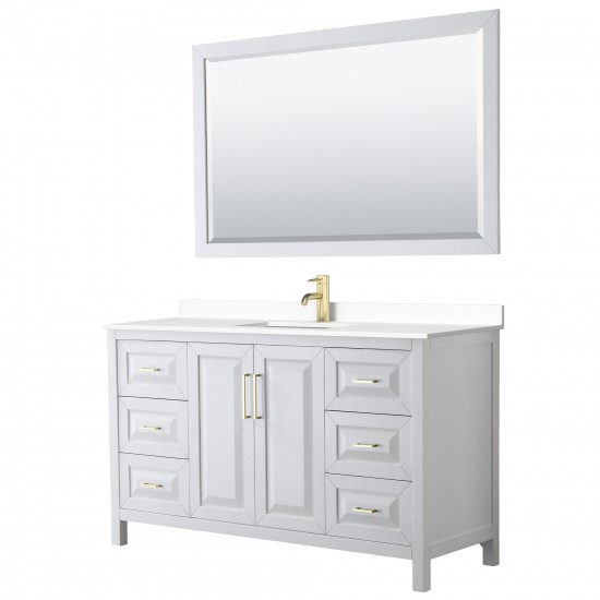 60 Inch Single Bathroom Vanity in White, White Cultured Marble Countertop, Sink, 58 Inch Mirror, Gold Trim