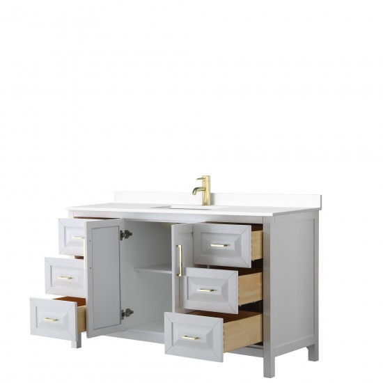 60 Inch Single Bathroom Vanity in White, White Cultured Marble Countertop, Sink, Gold Trim