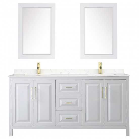 72 Inch Double Bathroom Vanity in White, Light-Vein Carrara Cultured Marble Countertop, Sinks, 24 Inch Mirrors, Gold Trim
