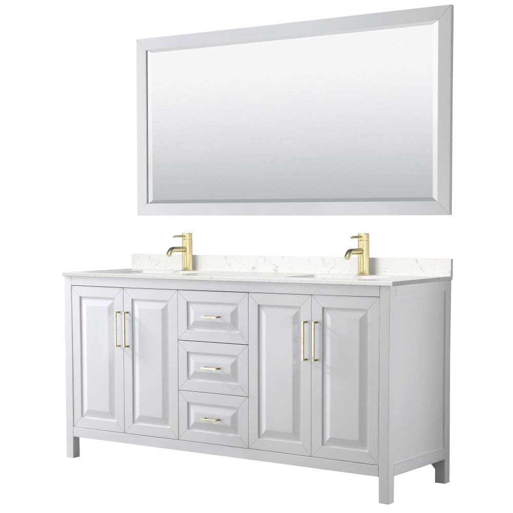 72 Inch Double Bathroom Vanity in White, Light-Vein Carrara Cultured Marble Countertop, Sinks, 70 Inch Mirror, Gold Trim