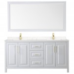 72 Inch Double Bathroom Vanity in White, Light-Vein Carrara Cultured Marble Countertop, Sinks, 70 Inch Mirror, Gold Trim