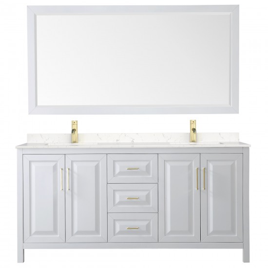 72 Inch Double Bathroom Vanity in White, Light-Vein Carrara Cultured Marble Countertop, Sinks, 70 Inch Mirror, Gold Trim