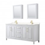 72 Inch Double Bathroom Vanity in White, Light-Vein Carrara Cultured Marble Countertop, Sinks, Medicine Cabinets, Gold Trim