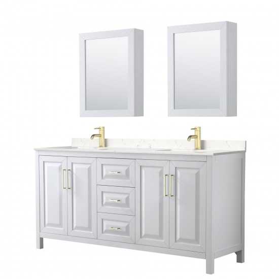 72 Inch Double Bathroom Vanity in White, Light-Vein Carrara Cultured Marble Countertop, Sinks, Medicine Cabinets, Gold Trim