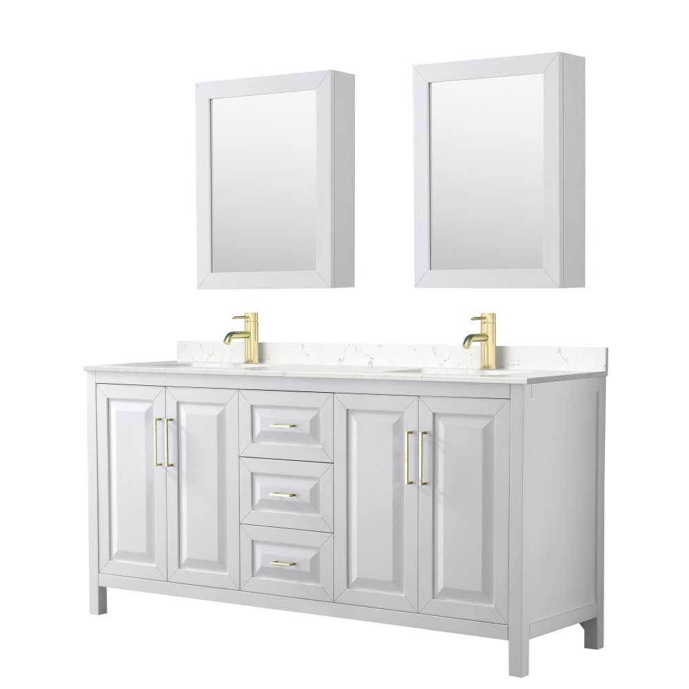 72 Inch Double Bathroom Vanity in White, Light-Vein Carrara Cultured Marble Countertop, Sinks, Medicine Cabinets, Gold Trim