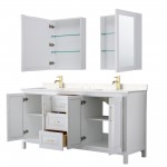 72 Inch Double Bathroom Vanity in White, Light-Vein Carrara Cultured Marble Countertop, Sinks, Medicine Cabinets, Gold Trim