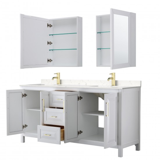 72 Inch Double Bathroom Vanity in White, Light-Vein Carrara Cultured Marble Countertop, Sinks, Medicine Cabinets, Gold Trim