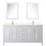 72 Inch Double Bathroom Vanity in White, Light-Vein Carrara Cultured Marble Countertop, Sinks, Medicine Cabinets, Gold Trim