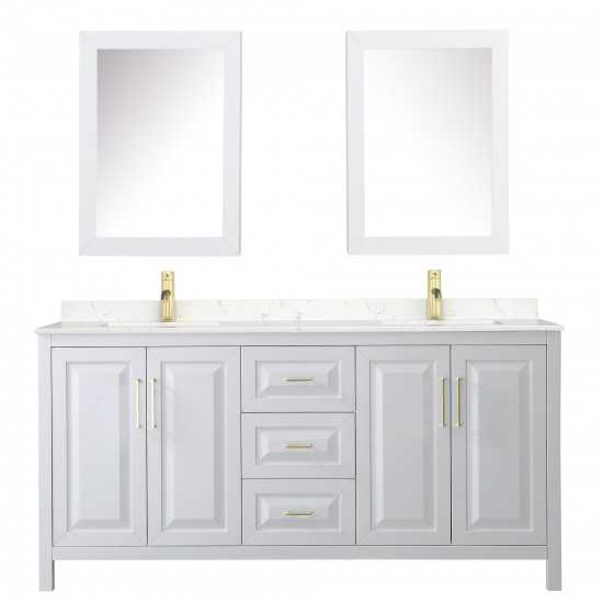 72 Inch Double Bathroom Vanity in White, Light-Vein Carrara Cultured Marble Countertop, Sinks, Medicine Cabinets, Gold Trim