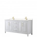 72 Inch Double Bathroom Vanity in White, Light-Vein Carrara Cultured Marble Countertop, Sinks, Gold Trim