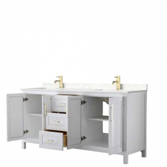 72 Inch Double Bathroom Vanity in White, Light-Vein Carrara Cultured Marble Countertop, Sinks, Gold Trim