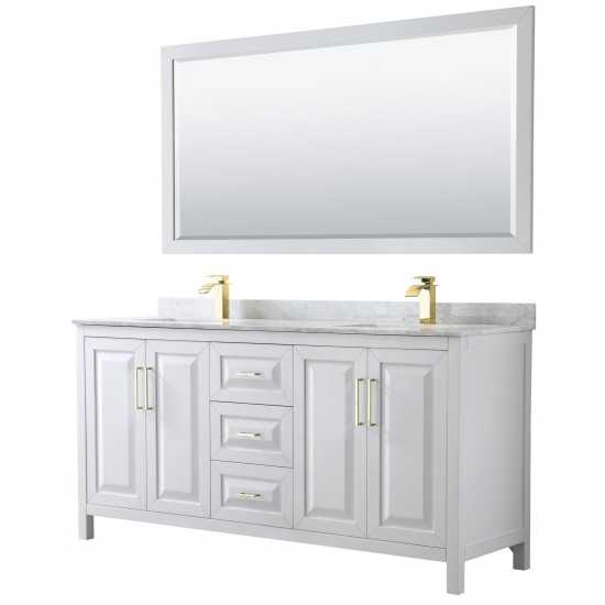 72 Inch Double Bathroom Vanity in White, White Carrara Marble Countertop, Sinks, 70 Inch Mirror, Gold Trim