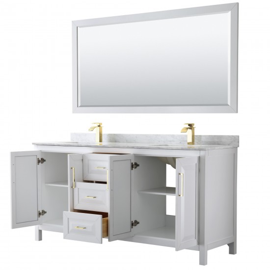 72 Inch Double Bathroom Vanity in White, White Carrara Marble Countertop, Sinks, 70 Inch Mirror, Gold Trim