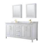 72 Inch Double Bathroom Vanity in White, White Carrara Marble Countertop, Sinks, Medicine Cabinets, Gold Trim