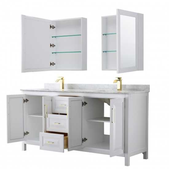72 Inch Double Bathroom Vanity in White, White Carrara Marble Countertop, Sinks, Medicine Cabinets, Gold Trim