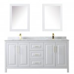 72 Inch Double Bathroom Vanity in White, White Carrara Marble Countertop, Sinks, Medicine Cabinets, Gold Trim