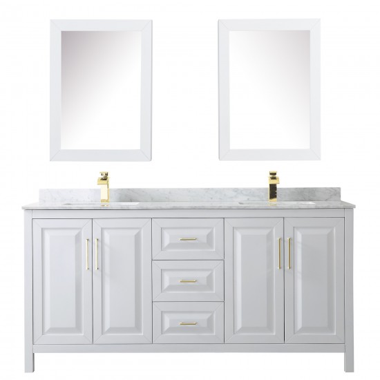 72 Inch Double Bathroom Vanity in White, White Carrara Marble Countertop, Sinks, Medicine Cabinets, Gold Trim