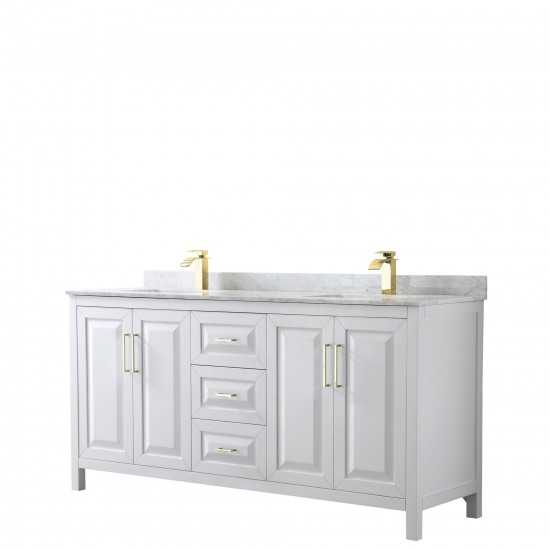 72 Inch Double Bathroom Vanity in White, White Carrara Marble Countertop, Sinks, Gold Trim