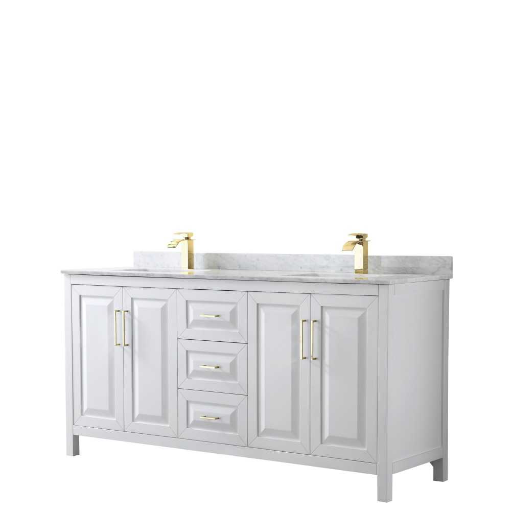 72 Inch Double Bathroom Vanity in White, White Carrara Marble Countertop, Sinks, Gold Trim