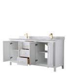 72 Inch Double Bathroom Vanity in White, White Carrara Marble Countertop, Sinks, Gold Trim