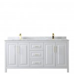 72 Inch Double Bathroom Vanity in White, White Carrara Marble Countertop, Sinks, Gold Trim