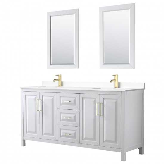 72 Inch Double Bathroom Vanity in White, White Cultured Marble Countertop, Sinks, 24 Inch Mirrors, Gold Trim