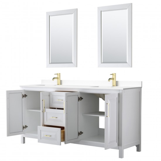 72 Inch Double Bathroom Vanity in White, White Cultured Marble Countertop, Sinks, 24 Inch Mirrors, Gold Trim