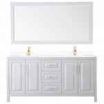 72 Inch Double Bathroom Vanity in White, White Cultured Marble Countertop, Sinks, 70 Inch Mirror, Gold Trim