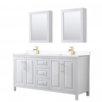 72 Inch Double Bathroom Vanity in White, White Cultured Marble Countertop, Sinks, Medicine Cabinets, Gold Trim