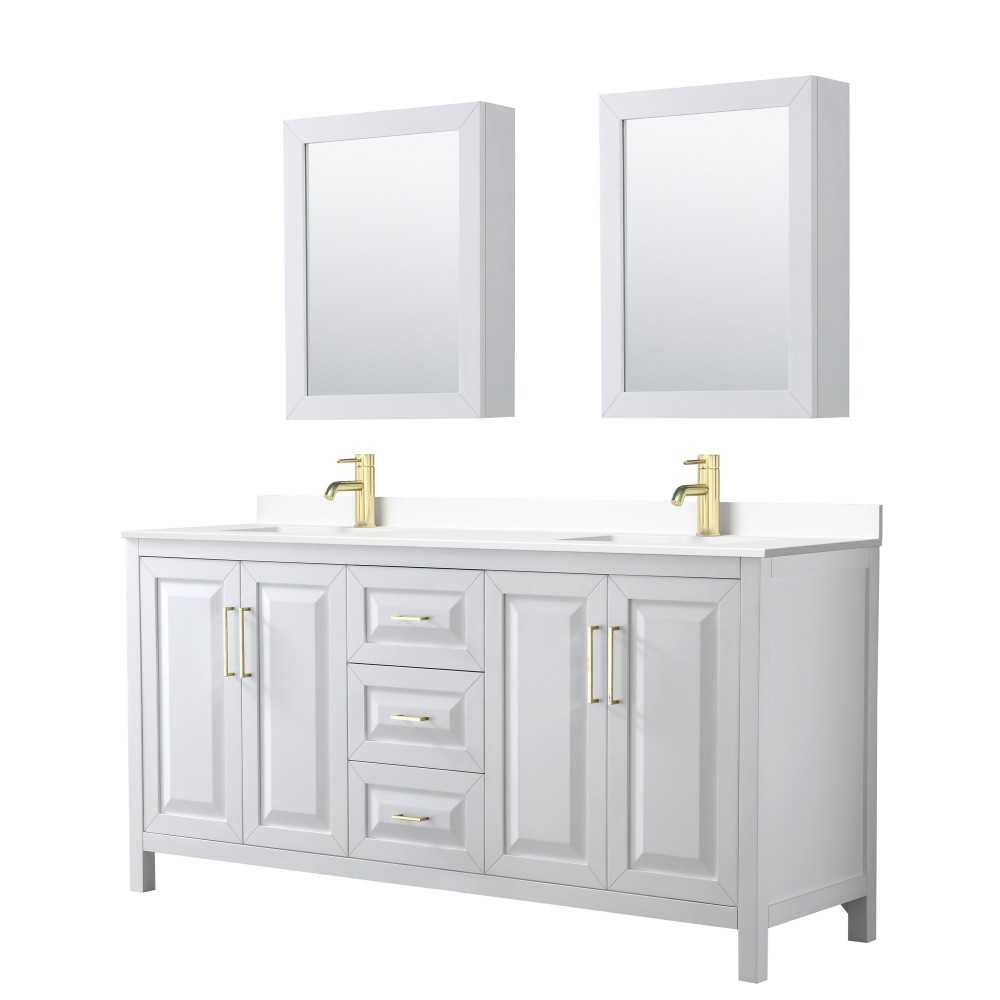 72 Inch Double Bathroom Vanity in White, White Cultured Marble Countertop, Sinks, Medicine Cabinets, Gold Trim