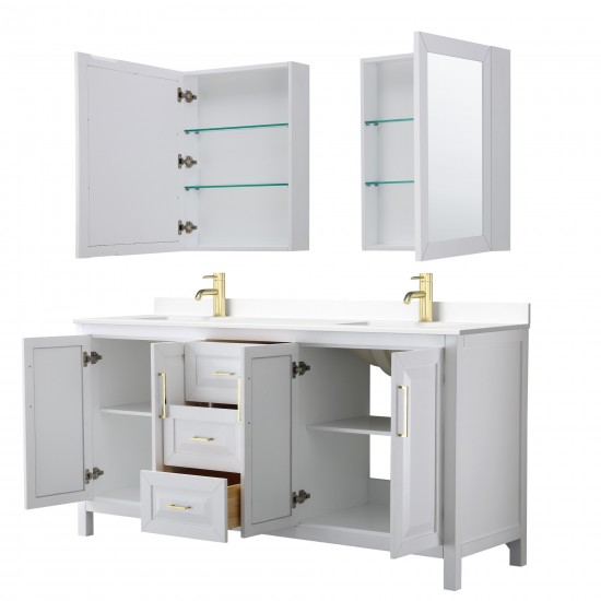 72 Inch Double Bathroom Vanity in White, White Cultured Marble Countertop, Sinks, Medicine Cabinets, Gold Trim